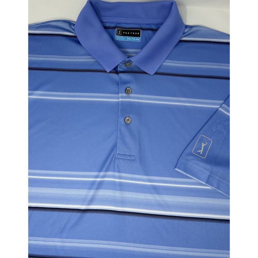 PGA Tour Men's Short‎ Sleeve Light Blue Striped Polo Golf Shirt Size XXL